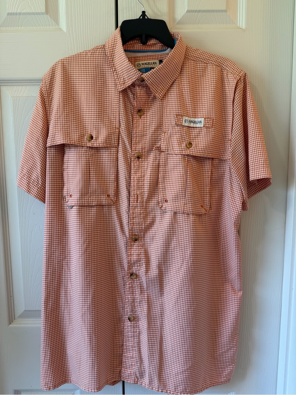 Magellan Outdoors Men’s Short Sleeve Orange Gingham Button-Down Shirt